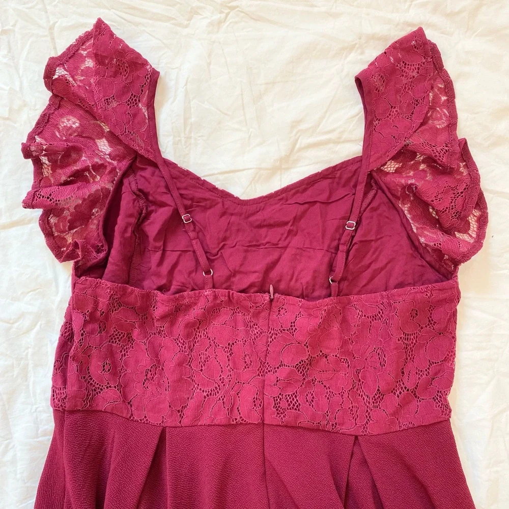 Wine Red A-Line Dress Lace Ruffle Sleeve, Women XL. - Picture 9 of 10